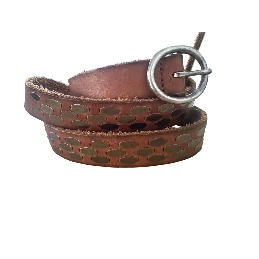 J Crew Vintage Y2K Brown Leather Belt Silver Tone Hexagon studs EUC  M womens - Picture 5 of 16